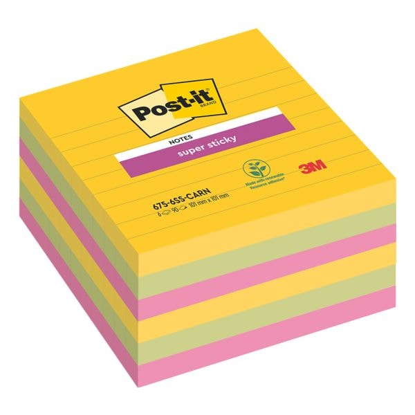 6x Post-it Super Sticky blok herkleefbare notes  Carnaval Collection gelinieerd 10,1 x 10,1 cm, 540 bladen (totaal), gesorteerd in kleuren 675-6SS-CARN