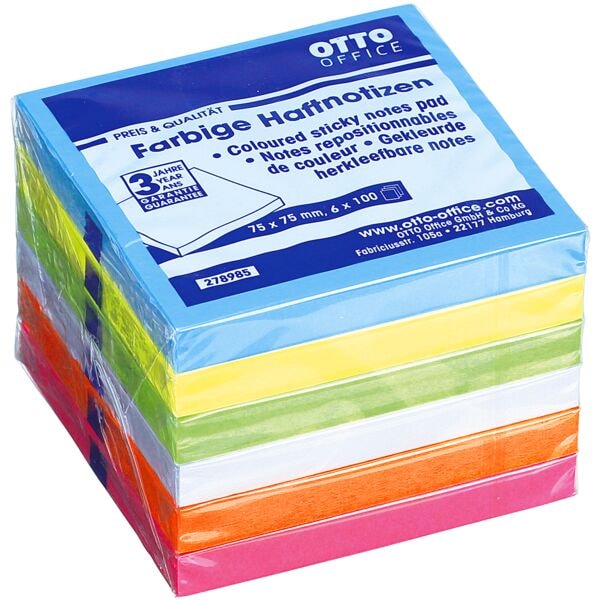 6x OTTO Office blok herkleefbare notes  7,5 x 7,5 cm, 600 bladen (totaal), gesorteerd in kleuren