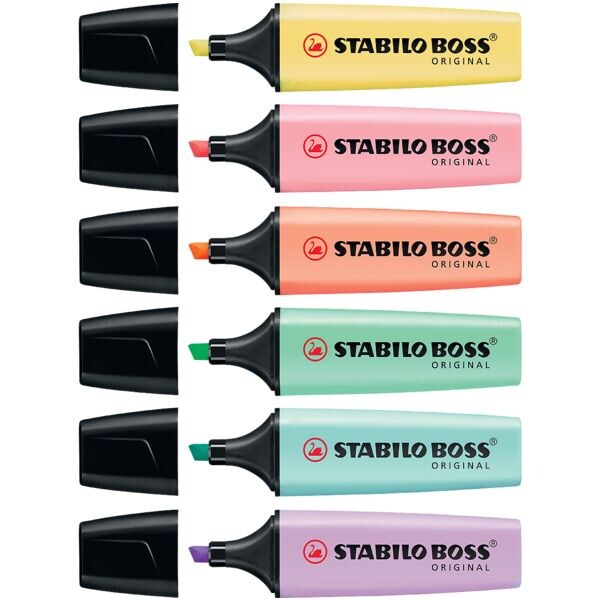 6x STABILO Markeerstift BOSS® Original Pastell, navulbaar, schuine punt