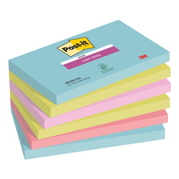 6x Post-it Super Sticky blok herkleefbare notes  Cosmic Collection 12,7 x 7,6 cm, 540 bladen (totaal), gesorteerd in kleuren 655-6SS-COS
