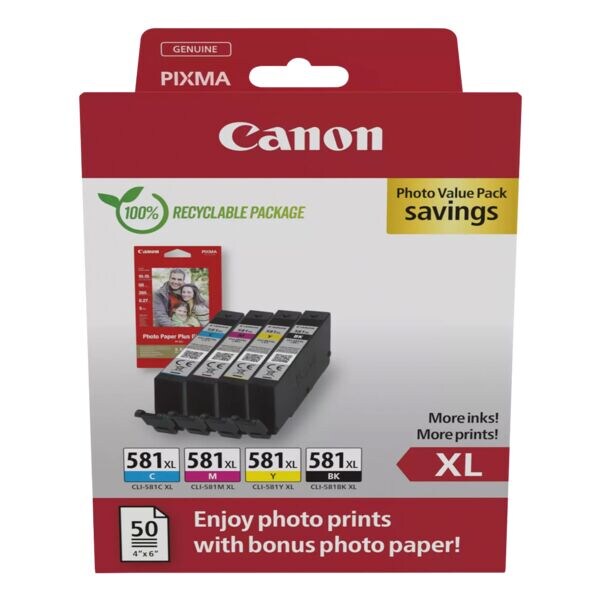Canon Value pak: inktpatronen-set »CLI-581XL BK/C/M/Y« incl. 50 bladen fotopapier 10x15 cm Canon Value pak: inktpatronen-set »CLI-581XL BK/C/M/Y« incl. 50 bladen fotopapier 10x15 cm
