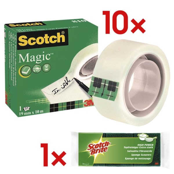 10x Scotch Plakband Magic Tape 810, transparant/bestand tegen hitte, 10 stuk(s) incl. Pannenspons