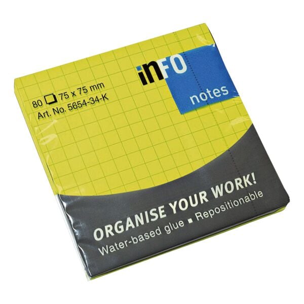 inFO blok herkleefbare notes  geruit 7,5 x 7,5 cm, 80 bladen (totaal), gesorteerd in kleuren