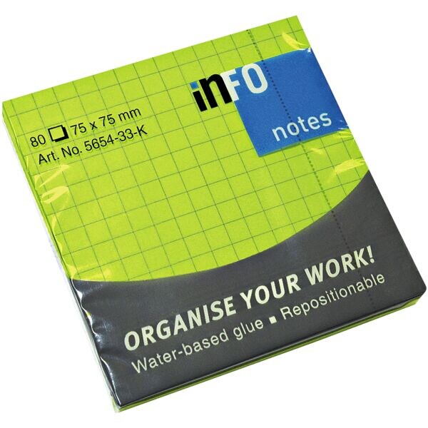 inFO blok herkleefbare notes  geruit 7,5 x 7,5 cm, 80 bladen (totaal), gesorteerd in kleuren