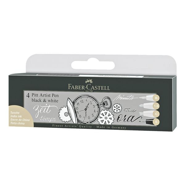 Faber-Castell Etui met 4 tekenpennen  Pitt Artist Pen zwart & wit voor handlettering