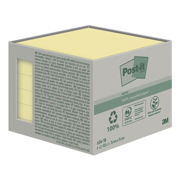 Post-it Notes (Recycle) blok herkleefbare notes Gerecycleerd 7,6 x 7,6 cm, 600 bladen (totaal), geel