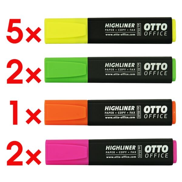 10x OTTO Office Markeerstift Highliner, schuine punt, 5 x geel / 2x elk groen en roze / 1x oranje