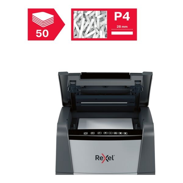 papiervernietiger Rexel Optimum AutoFeed+ 50X, Veiligheidsklasse 4, snippers (4 x 28 mm), tot 50 bladen