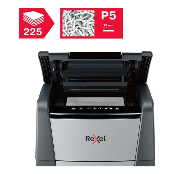 papiervernietiger Rexel Optimum AutoFeed+ 225M, Veiligheidsklasse 5, micro (2 x 15 mm), tot 225 bladen