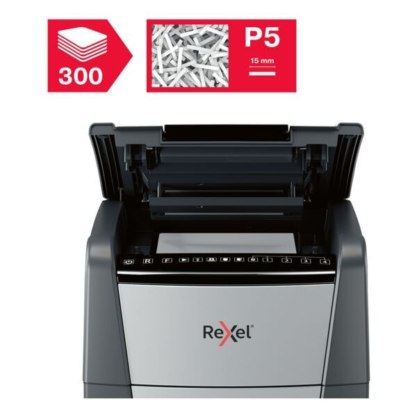 papiervernietiger Rexel Optimum AutoFeed+ 300M, Veiligheidsklasse 5, micro (2 x 15 mm), tot 300 bladen
