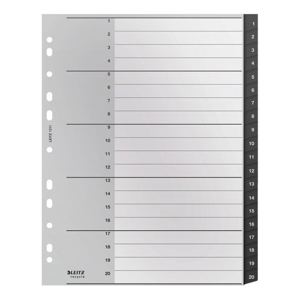 tabbladen LEITZ RECYCLE 1211, A4 extra breed, 1-20 20-delig, zwart