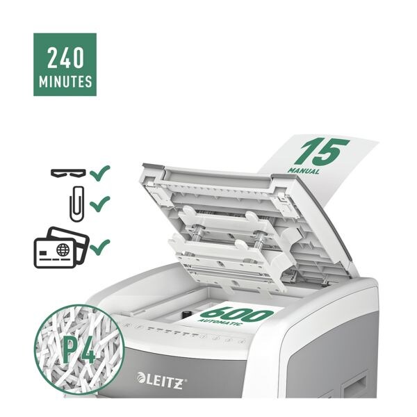 papiervernietiger LEITZ IQ Autofeed Office Pro 600, Veiligheidsklasse 4, snippers (4 x 36 mm), tot 600 bladen