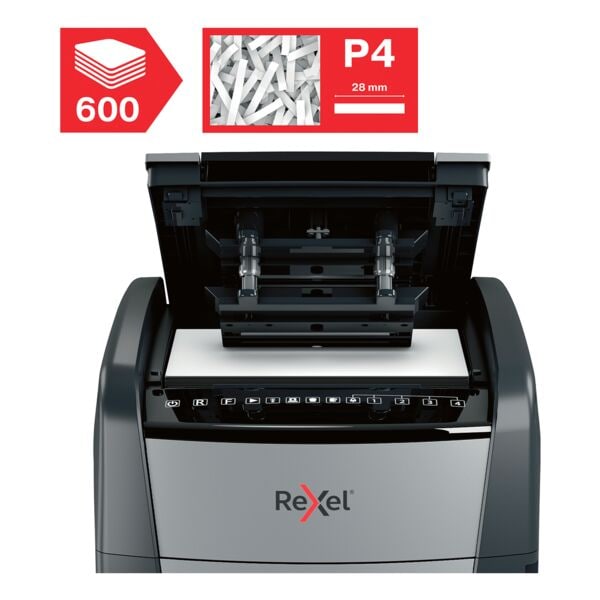 papiervernietiger Rexel Optimum AutoFeed+ 600X, Veiligheidsklasse 4, snippers (4 x 36 mm), tot 600 bladen