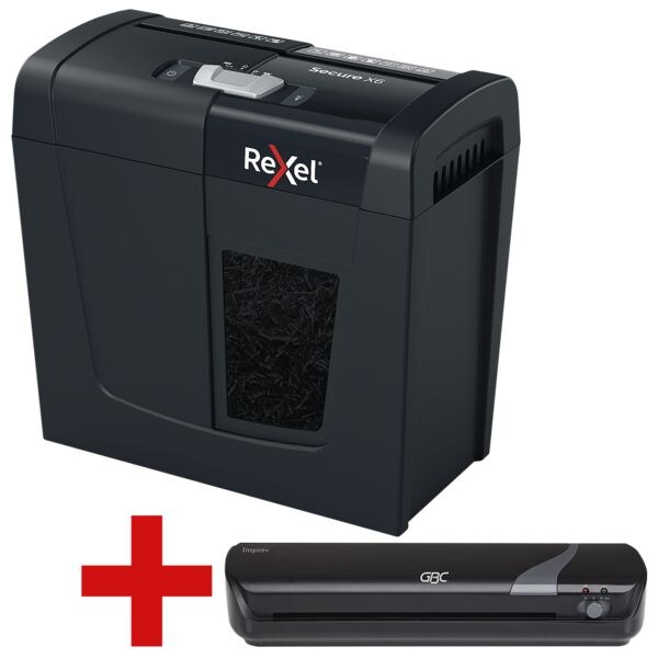papiervernietiger Rexel Secure X6, Veiligheidsklasse 4, snippers (4 x 40 mm), tot 6 bladen incl. A4 lamineerapparaat Inspire+ zwart