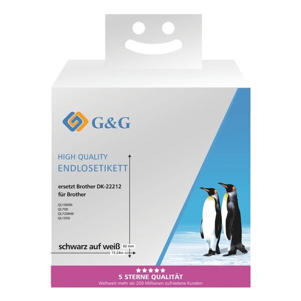G&G Papieretiket eindloze rol vervangt Brother DK-22212 62 mm x 15,24 m