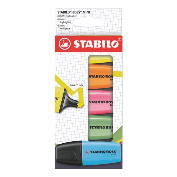 5x STABILO Markeerstift Boss® mini geel / oranje / groen / roze / blauw, schuine punt