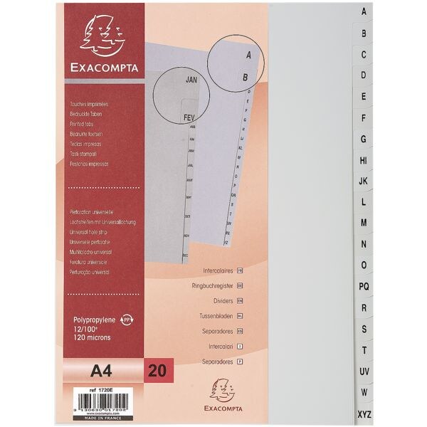 Exacompta tabbladen, A4, A-Z 20-delig, grijs, kunststof