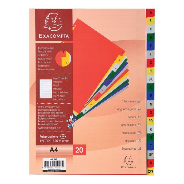 Exacompta tabbladen, A4, A-Z 20-delig, meerkleurig, kunststof