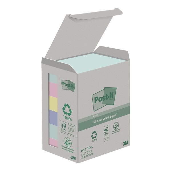 6x Post-it Notes (Recycle) blok herkleefbare notes  Recycling Notes 5,1 x 3,8 cm, 600 bladen (totaal) 653-1GB