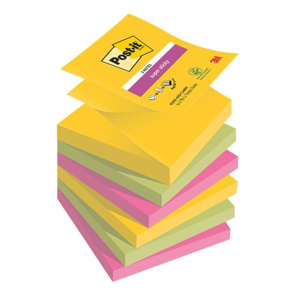 6x Post-it Super Sticky blok herkleefbare notes  Z-Notes Carnival Collection 7,6 x 7,6 cm, 540 bladen (totaal), gesorteerd in kleuren R330-6SS-CARN