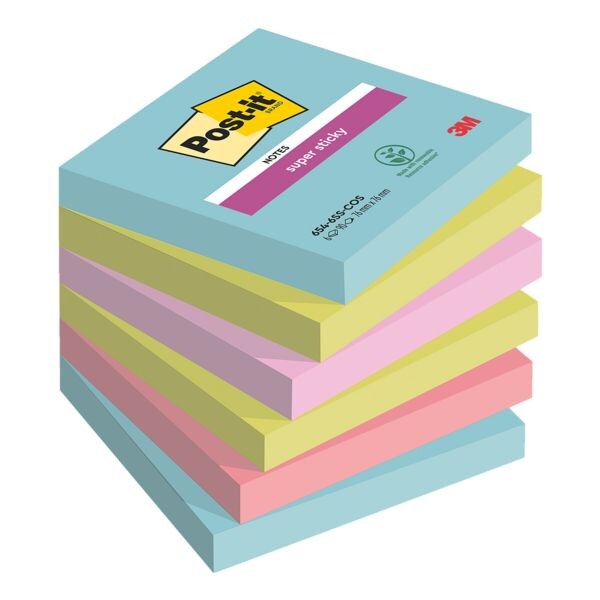 6x Post-it Super Sticky blok herkleefbare notes Cosmic Collection 7,6 x 7,6 cm, 540 bladen (totaal) 654-6SS-COS