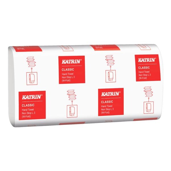 Papieren handdoekjes Katrin Non Stop L3 3-laags, wit, 32 cm x 24 cm van papier met W-vouw - 2250 bladen (totaal) Papieren handdoekjes Katrin Non Stop L3 3-laags, wit, 32 cm x 24 cm van papier met W-vouw - 2250 bladen (totaal)
