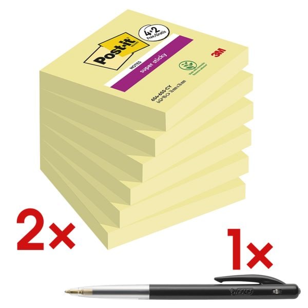 2x Post-it Super Sticky notes 7,6 x 7,6 cm, 1080 bladen (totaal), geel incl. Balpen met druksysteem M10