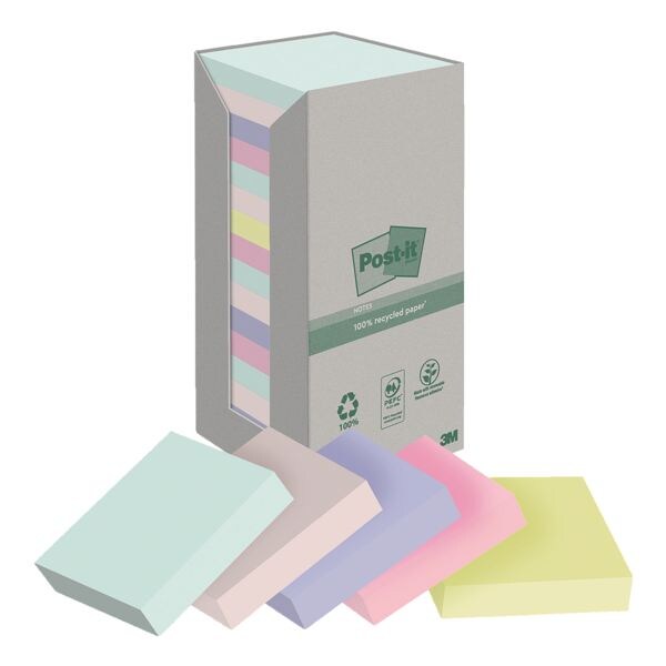 16x Post-it Notes (Recycle) blokken herkleefbare notes Recycling Notes 7,6 x 7,6 cm, 1600 bladen (totaal)