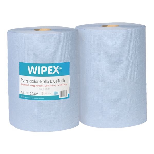 WIPEX Pak van 2 papieren poetsdoekrollen BlueTech blauw 3-laags 38 x 36 cm (2 x 500 vellen)