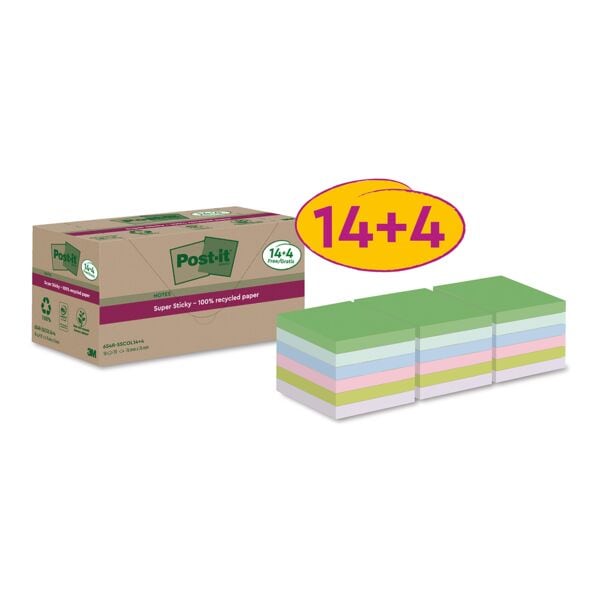 14+4 Post-it Super Sticky Recycling herkleefbare notes Super Sticky Recycling Notes 7,6 x 7,6 cm, 1260 bladen (totaal)
