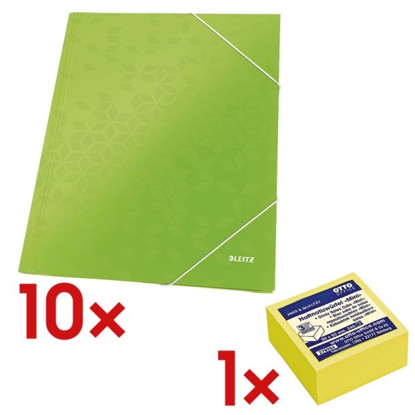 LEITZ 10x mappen met hoekelastieken A4 WOW 3982 incl. kubus herkleefbare notes 50x50 mm Mini briljant geel