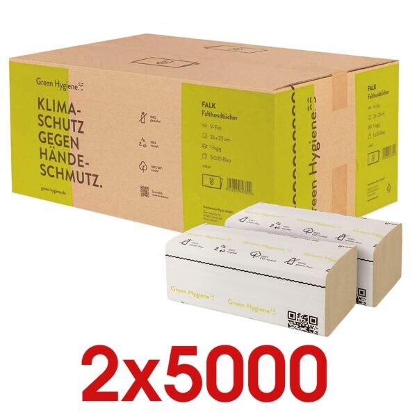 2x Papieren handdoekjes Green Hygiene Falk CO₂-neutrale productie 1-laag, natuur, 25 cm x 23 cm van gerecycleerd-tissue van 100% oud papier met Z-vouw - 10000 bladen (totaal)