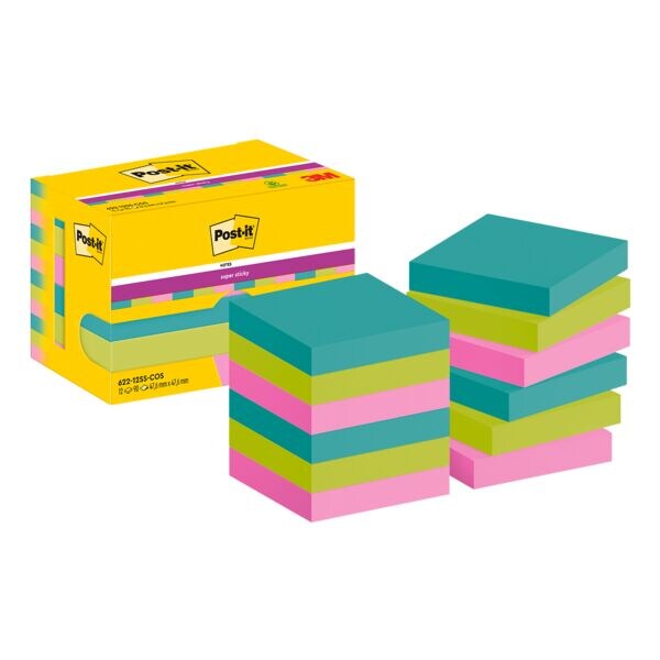 12x Post-it Super Sticky blok herkleefbare notes  Cosmic 47,6 mm x 47,6 mm, 1080 bladen (totaal), gesorteerd in kleuren