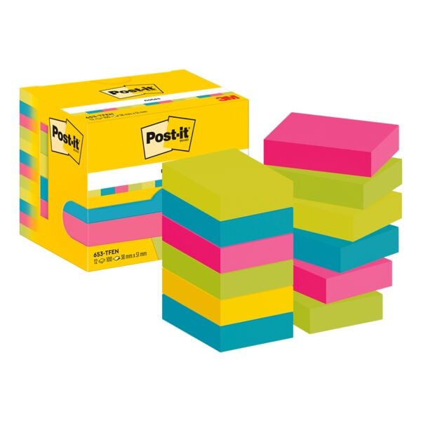 12x Post-it Notes blok herkleefbare notes Energetic Collection 5,1 x 3,8 cm, 1200 bladen (totaal), gesorteerd in kleuren 12x Post-it Notes blok herkleefbare notes Energetic Collection 5,1 x 3,8 cm, 1200 bladen (totaal), gesorteerd in kleuren