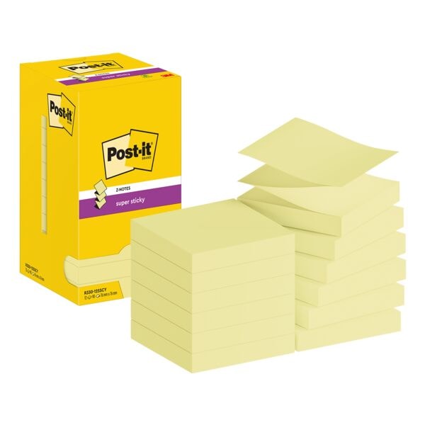 12x Post-it Super Sticky blok herkleefbare notes  Super Sticky 7,6 x 7,6 cm, 1080 bladen (totaal), geel