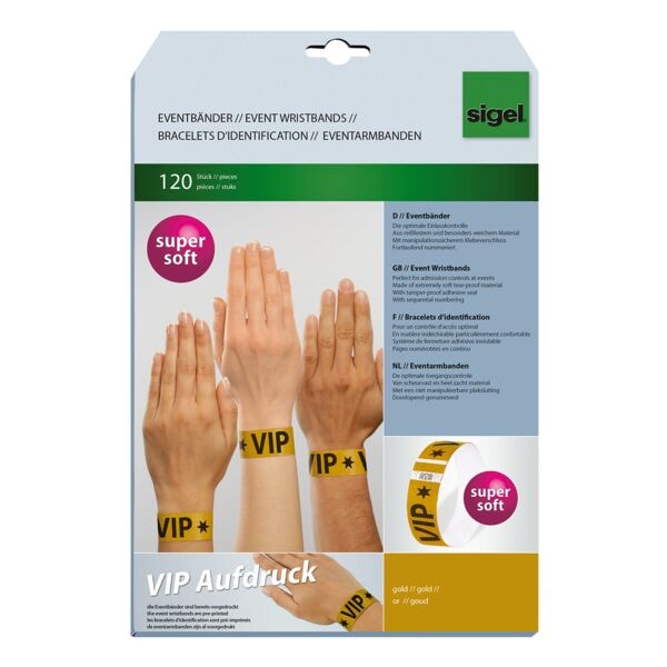 SIGEL Pak met 120 toegangspolsbandjes Super Soft VIP goud