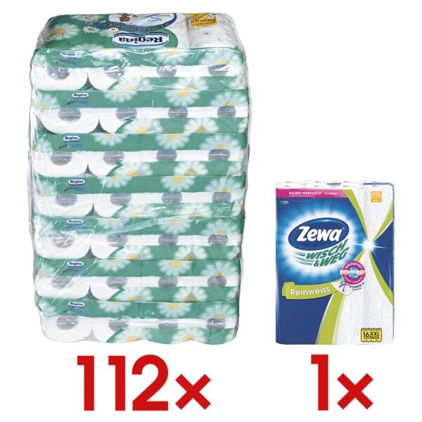 2x Regina Toiletpapier Kamille 3-laags, wit - 122 rollen (14 pakken van 8 rollen) incl. Keukenrollen 2-laags, 16 rollen Wis & Weg