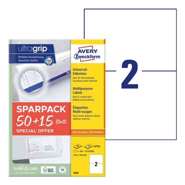Avery Zweckform Universele etiketten A5 permanent wit 210x148 mm 130 stuks 6604 met ultragrip Avery Zweckform Universele etiketten A5 permanent wit 210x148 mm 130 stuks 6604 met ultragrip