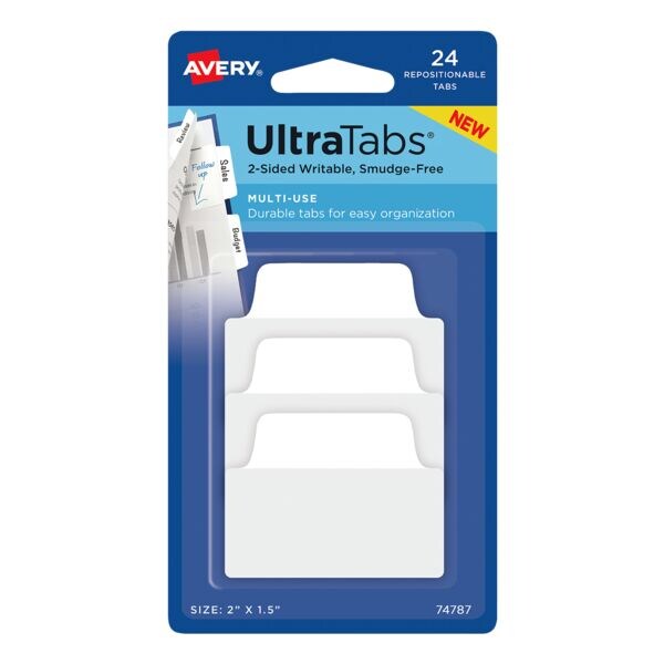 24x Avery Zweckform indexstroken UltraTabs - wit 50,8 x 38,1 mm, kunststof