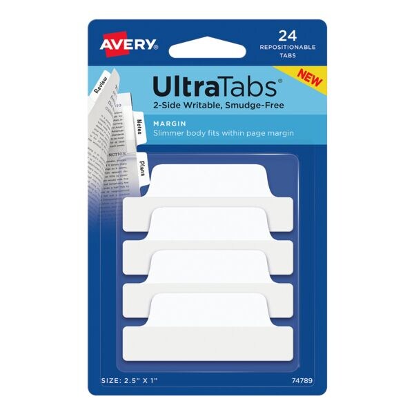 24x Avery Zweckform indexstroken UltraTabs - wit 63,5 x 25,4 mm, kunststof