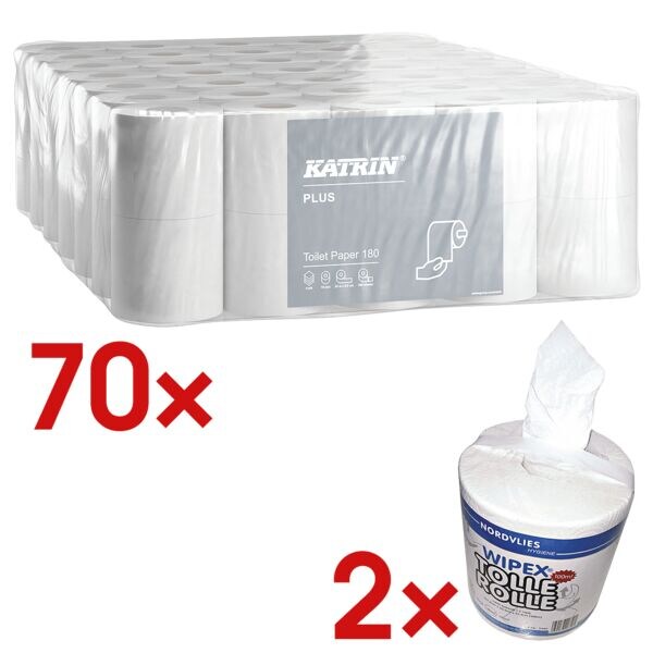 Katrin Toiletpapier Plus 4-laags, zuiver wit - 70 rollen (7 pakken  10 rollen) incl. 2x Rol universele poetsdoeken