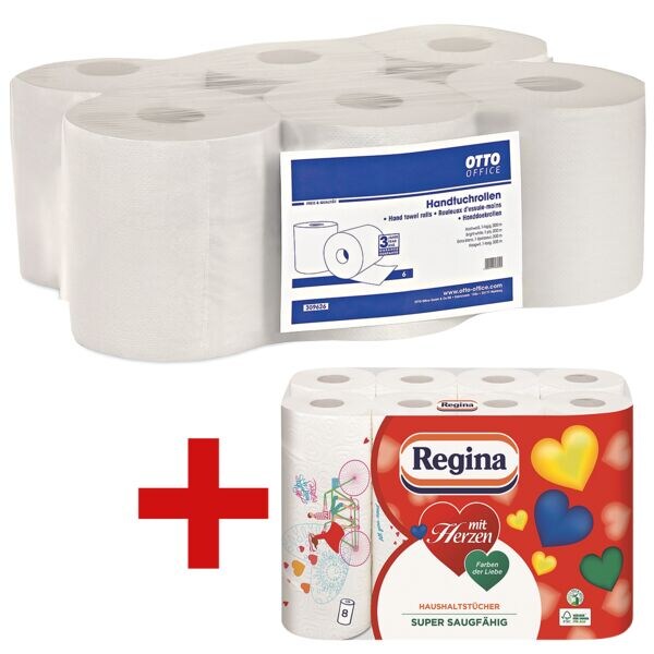 6x Papieren handdoekjes OTTO Office 1-laag, wit, 19 cm x 3000 cm met eindeloos papier - 0 bladen (totaal) incl. Keukenrollen Mit Herzen 3-laags, 8 rollen