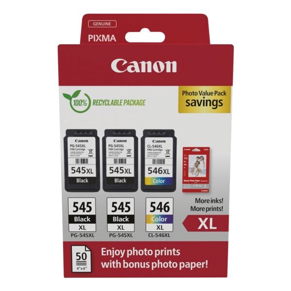 Canon Photo Value Pack: inktpatronen set 2x PG-545XL & CL-546XL + foto glanzend papier 10x15 cm