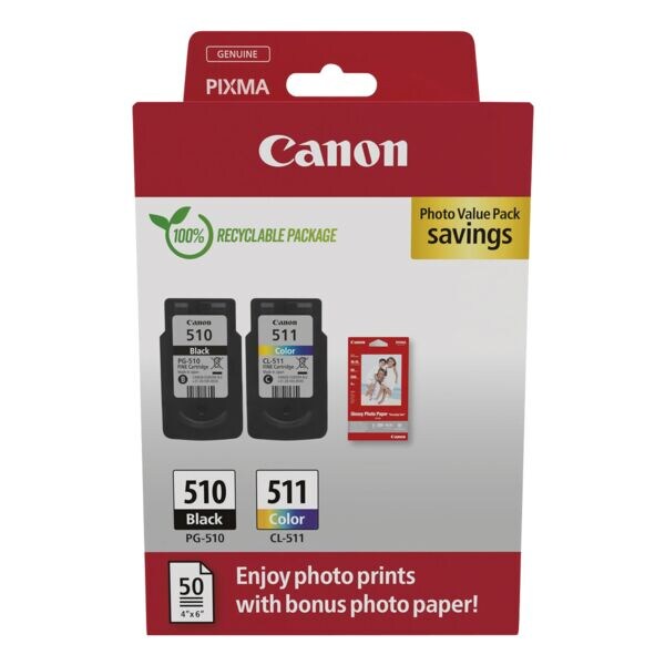 Canon Value pak: inktpatronen »PG-510« & »CL-511« incl. 50 bladen fotopapier 10x15 cm Canon Value pak: inktpatronen »PG-510« & »CL-511« incl. 50 bladen fotopapier 10x15 cm