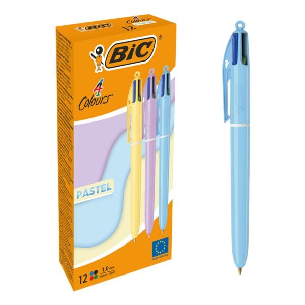 12x Meerkleuren balpen BIC 4 kleuren pastel, documentecht