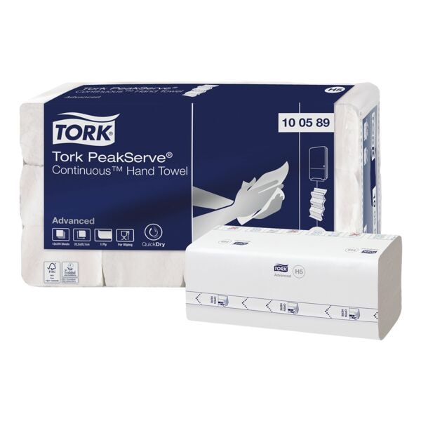 Papieren handdoekjes Tork PeakServe® Continuous Advanced H5 1-laag, wit, 20,1 cm x 22,5 cm met eindeloos papier - 3240 bladen (totaal)