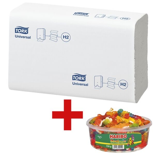 Papieren handdoekjes Tork 150299 2-laags, wit, 21 cm x 23 cm van tissue met I-vouw - 4740 bladen (totaal) incl. Fruitgom Phantasia party box 750 g