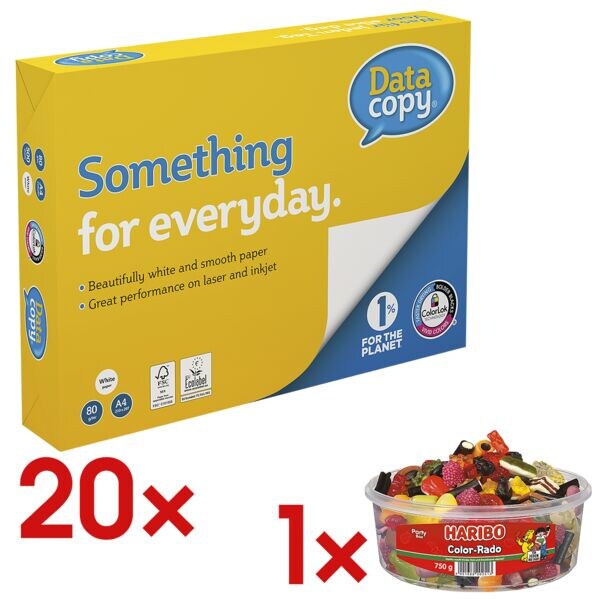 20x Multifunctioneel printpapier A4 Data-Copy Everyday Printing - 10000 bladen (totaal) incl. Fruitgom Color-Rado party box 750 g