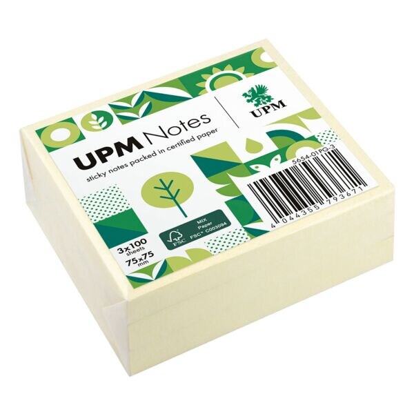 3x UPM Herkleefbare notes 5654-01PG-3 in pergamijn verpakt 7,5 x 7,5 cm, 300 bladen (totaal), geel