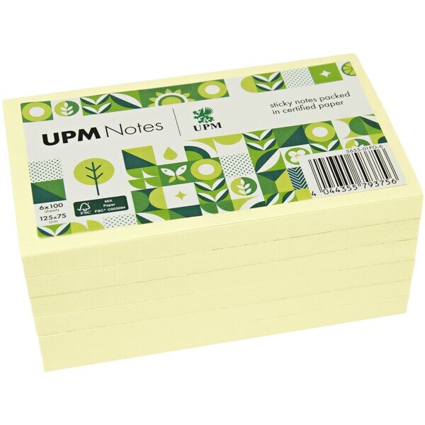 6x UPM Herkleefbare notes 5655-01PG-6 in pergamijn verpakt 12,5 x 7,5 cm, 600 bladen (totaal), geel